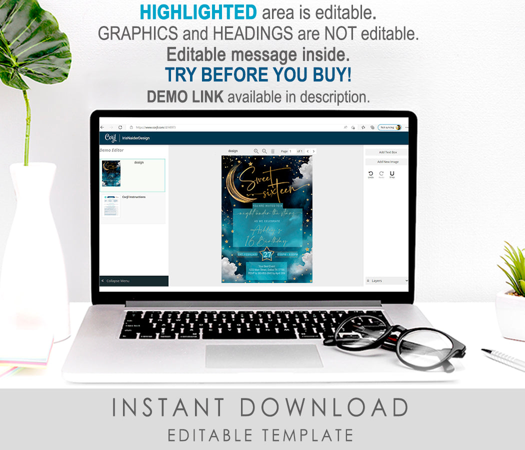 Sweet 16 Invitation & Party Bundle | A Night Under the Stars Theme | Editable Corjl Template | Printable Digital Download