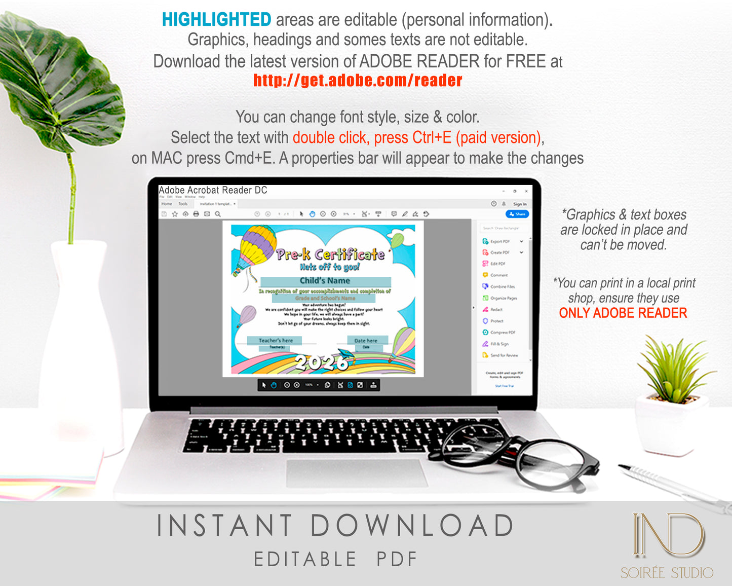2026 Graduation Certificate Template Printable | Pre-K Diploma | Rainbow Pastel Design | Instant Download