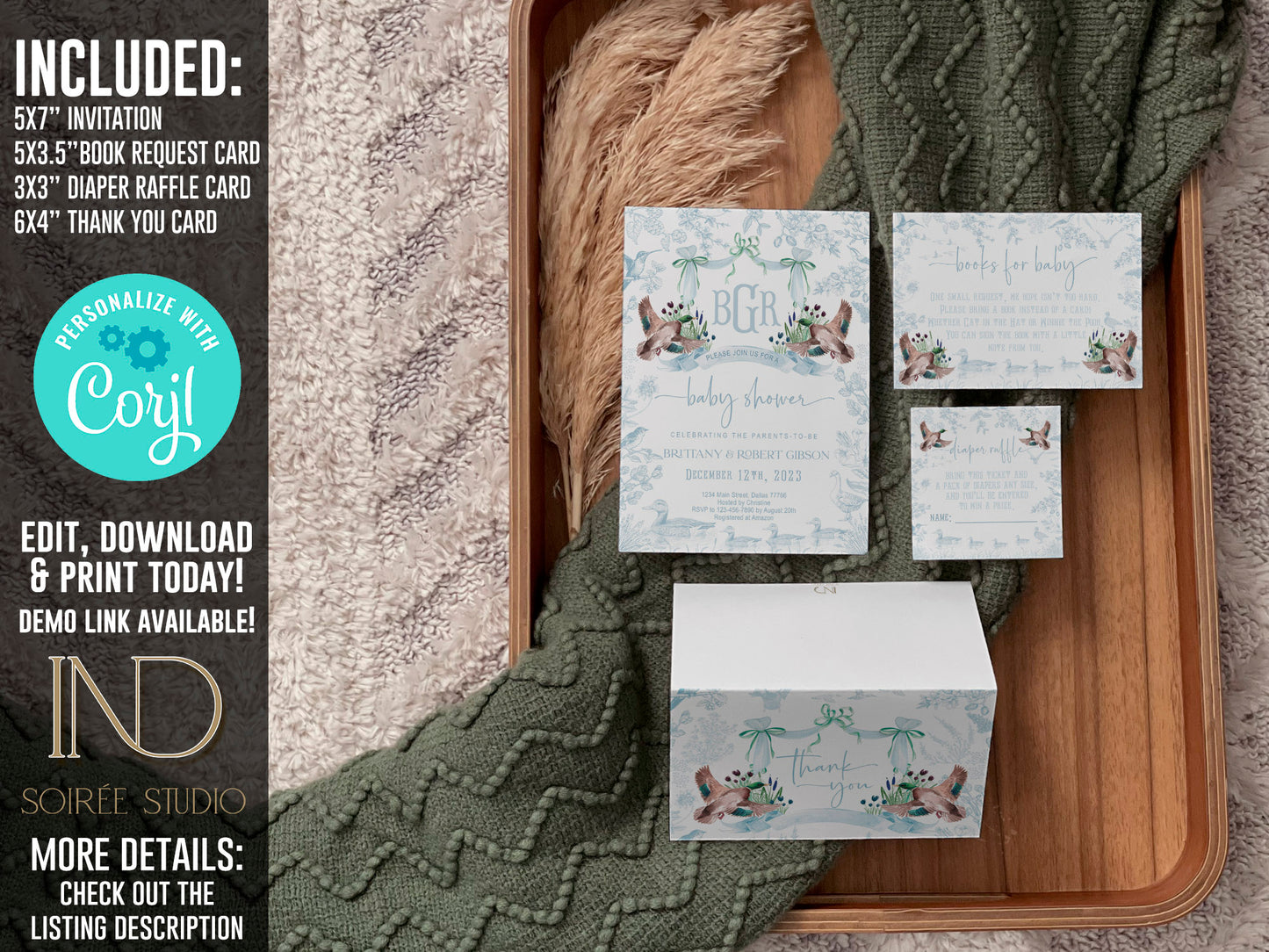 Mallard Duck Baby Shower Invitation Set | Light Blue Toile Woodland Gender Neutral Duckling Printable Template
