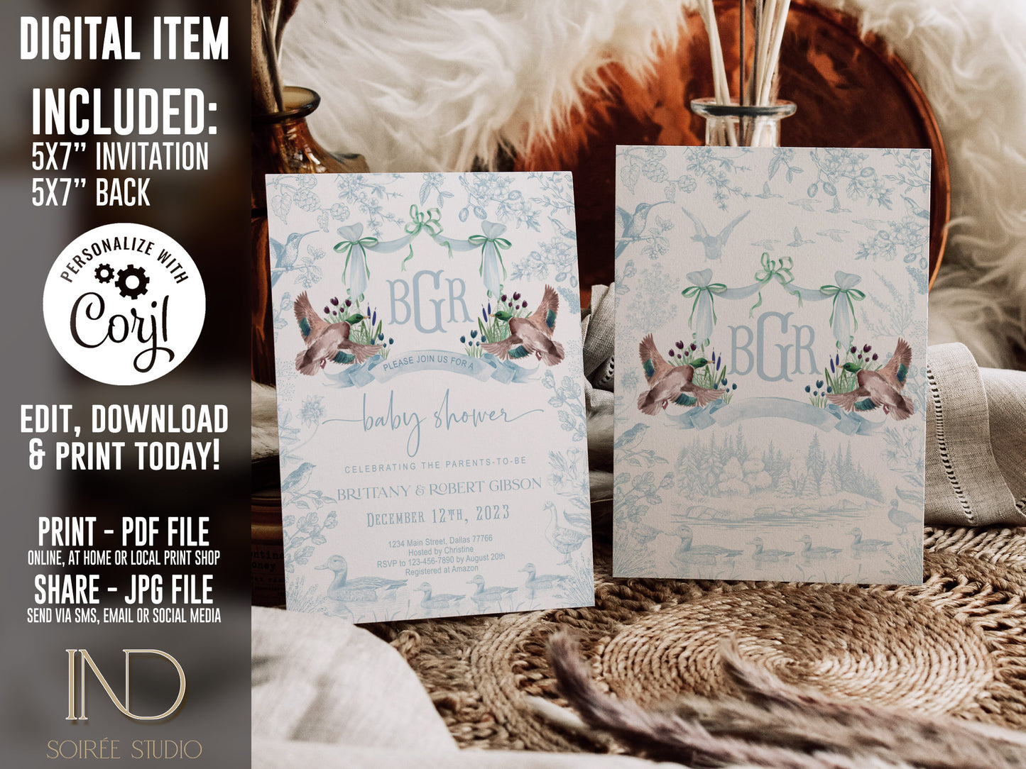 Mallard Duck Baby Shower Invitation Set | Light Blue Toile Woodland Gender Neutral Duckling Printable Template