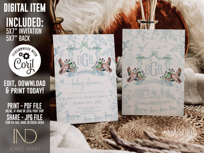 Mallard Duck Baby Shower Invitation Set | Light Blue Toile Woodland Gender Neutral Duckling Printable Template