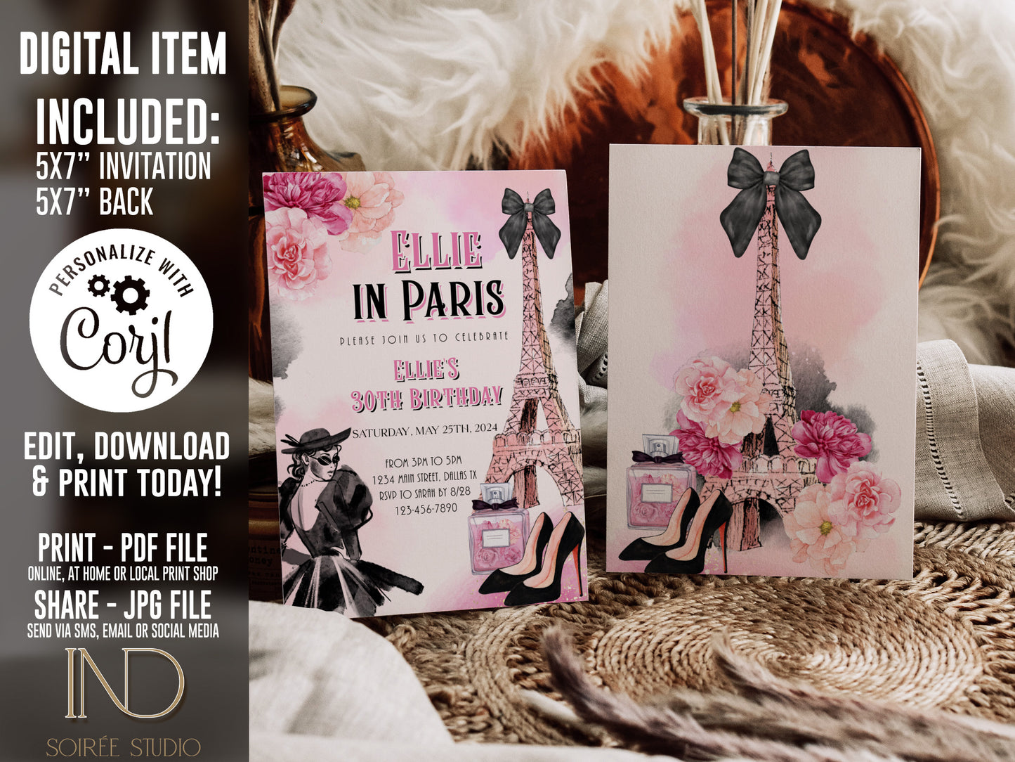 Paris Birthday Invitation | Eiffel Tower Floral “Girl in Paris” Theme | Editable Corjl Template | Printable Digital Download