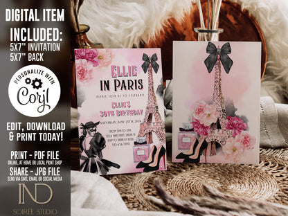 Paris Birthday Invitation | Eiffel Tower Floral “Girl in Paris” Theme | Editable Corjl Template | Printable Digital Download