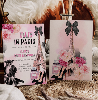 Paris Birthday Invitation | Eiffel Tower Floral “Girl in Paris” Theme | Editable Corjl Template | Printable Digital Download