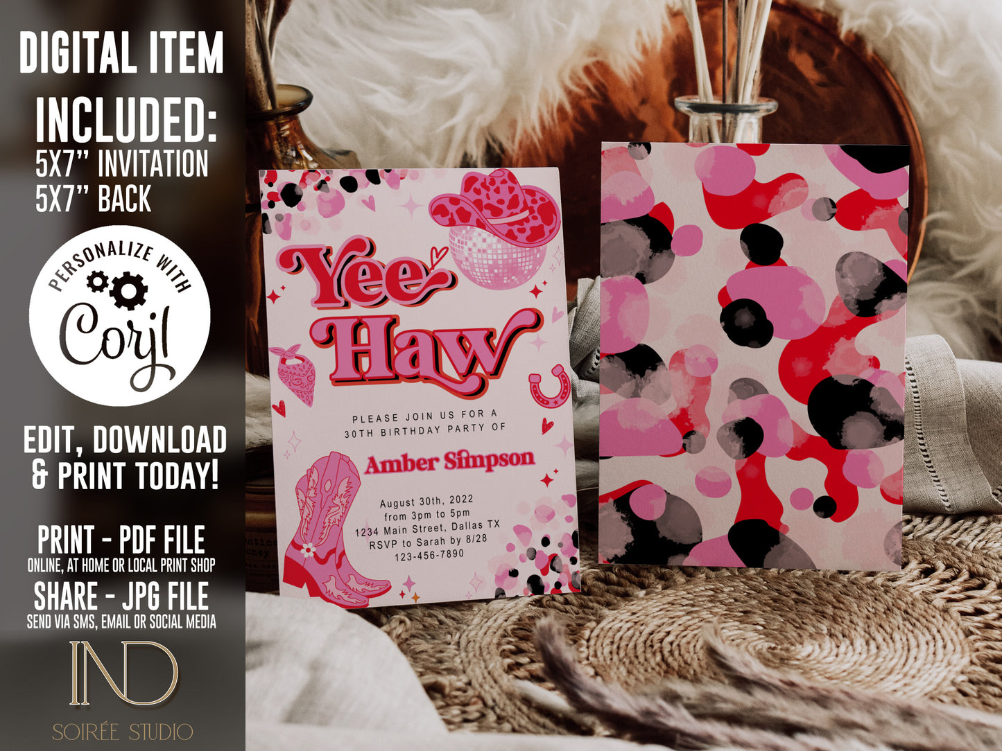 Pink Cowgirl Birthday Invitation | Yee Haw Rodeo Disco Cowgirl Theme | Editable Corjl Template | Printable Digital Download