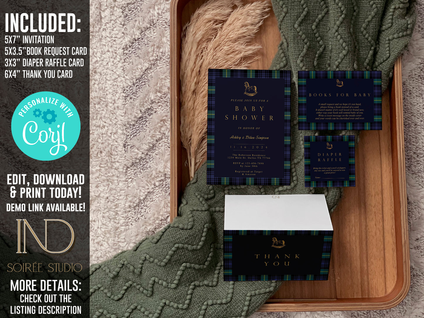 Tartan Plaid Baby Shower Invitation & Bundle | Equestrian Rocking Horse | Navy Green Preppy Winter Baby Sprinkle | Full Set Digital Download