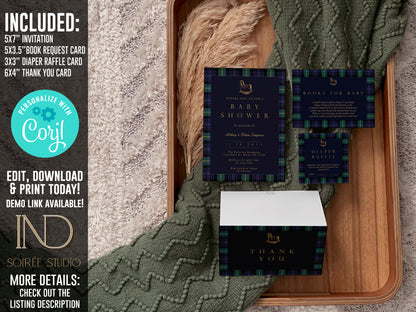 Tartan Plaid Baby Shower Invitation & Bundle | Equestrian Rocking Horse | Navy Green Preppy Winter Baby Sprinkle | Full Set Digital Download