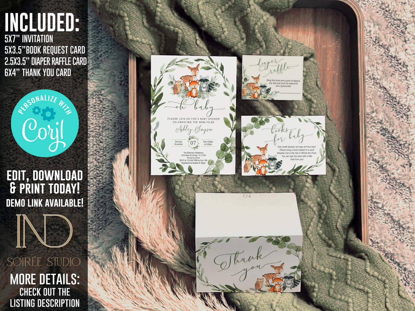 Woodland Baby Shower Invitation & Party Bundle | Editable Corjl Template | Instant Download