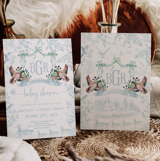 Mallard Duck Baby Shower Invitation Set | Light Blue Toile Woodland Gender Neutral Duckling Printable Template