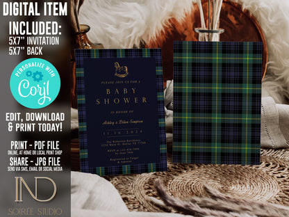 Tartan Plaid Baby Shower Invitation & Bundle | Equestrian Rocking Horse | Navy Green Preppy Winter Baby Sprinkle | Full Set Digital Download