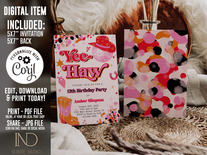 Pink Cowgirl Birthday Invitation | Yee Haw Rodeo Disco Cowgirl Theme | Editable Corjl Template | Printable Digital Download