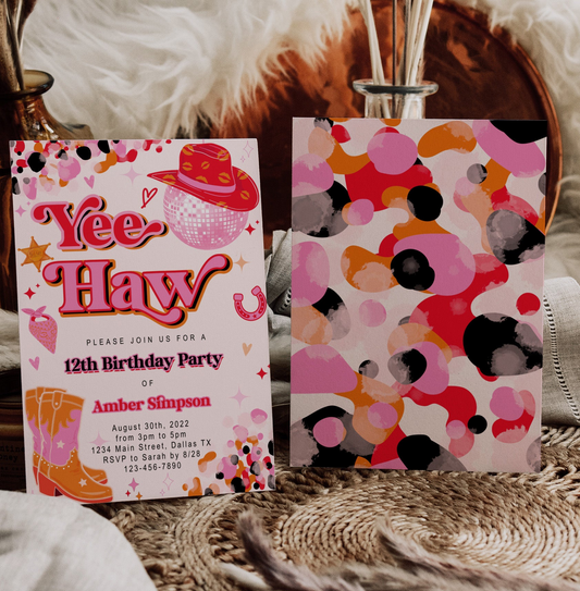 Pink Cowgirl Birthday Invitation | Yee Haw Rodeo Disco Cowgirl Theme | Editable Corjl Template | Printable Digital Download