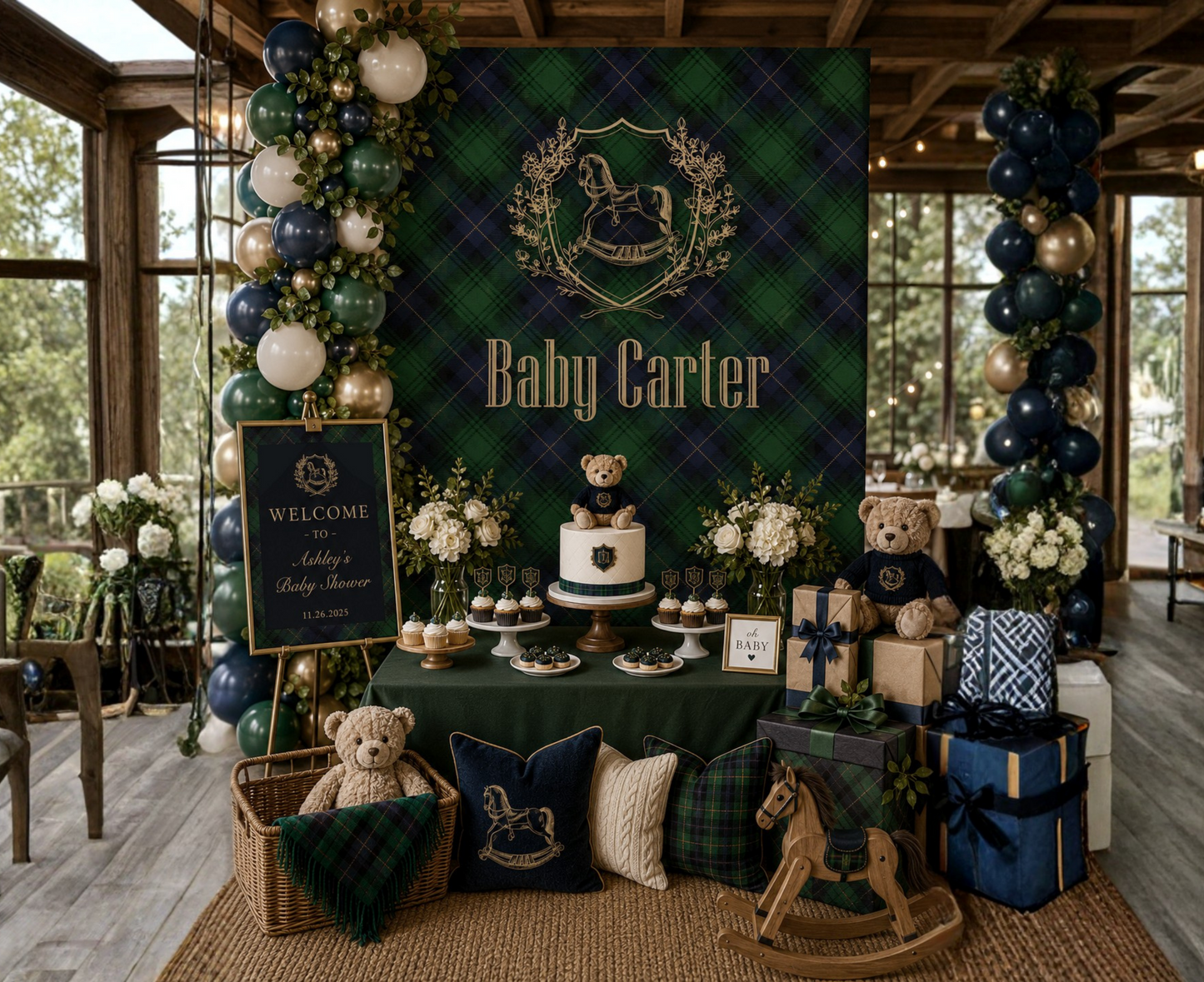 Personalized Rocking Horse Nursery Tapestry, Green & Navy Tartan Wall Hanging, Preppy Baby Room Decor, Baby Shower Backdrop, Plaid Nursery Decor