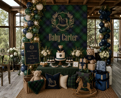 Personalized Rocking Horse Nursery Tapestry, Green & Navy Tartan Wall Hanging, Preppy Baby Room Decor, Baby Shower Backdrop, Plaid Nursery Decor