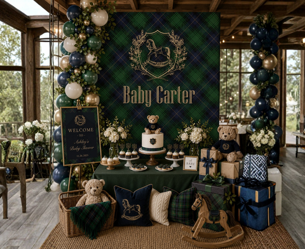 Personalized Rocking Horse Nursery Tapestry, Green & Navy Tartan Wall Hanging, Preppy Baby Room Decor, Baby Shower Backdrop, Plaid Nursery Decor