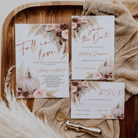 Editable Fall Wedding & Bridal Shower Invitation Suite | Boho Pampas Grass Couples Shower Template | Burgundy Blush Pink