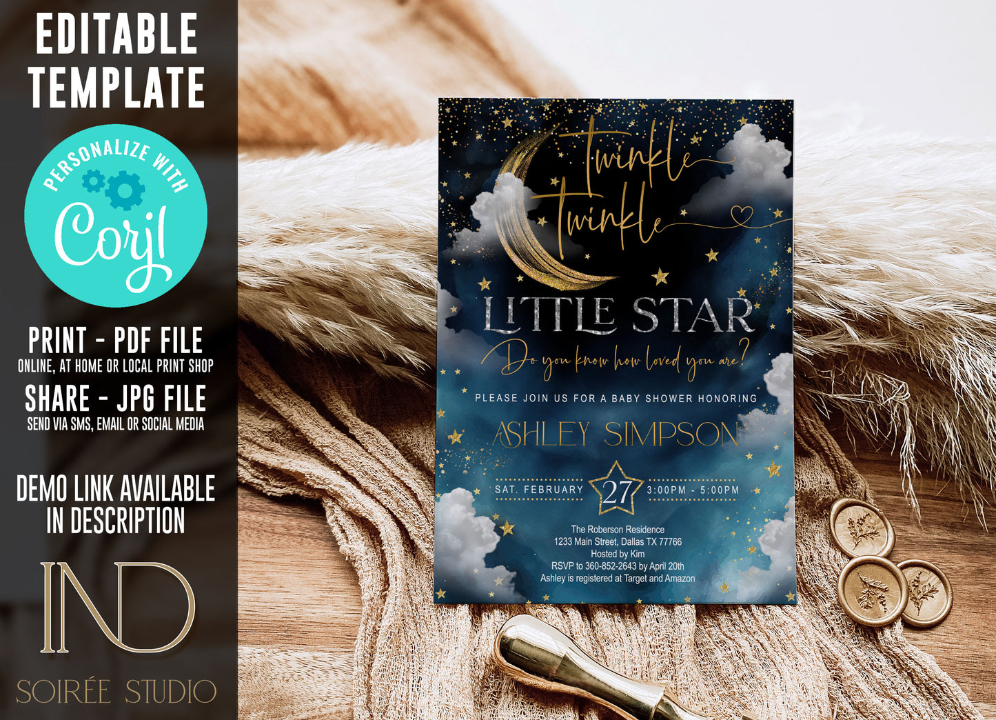 Twinkle Little Star Baby Shower Invitation Editable Template | Neutral Sky & Stars Galaxy Theme | Printable Instant Download
