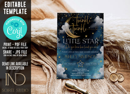 Twinkle Little Star Baby Shower Invitation Editable Template | Neutral Sky & Stars Galaxy Theme | Printable Instant Download