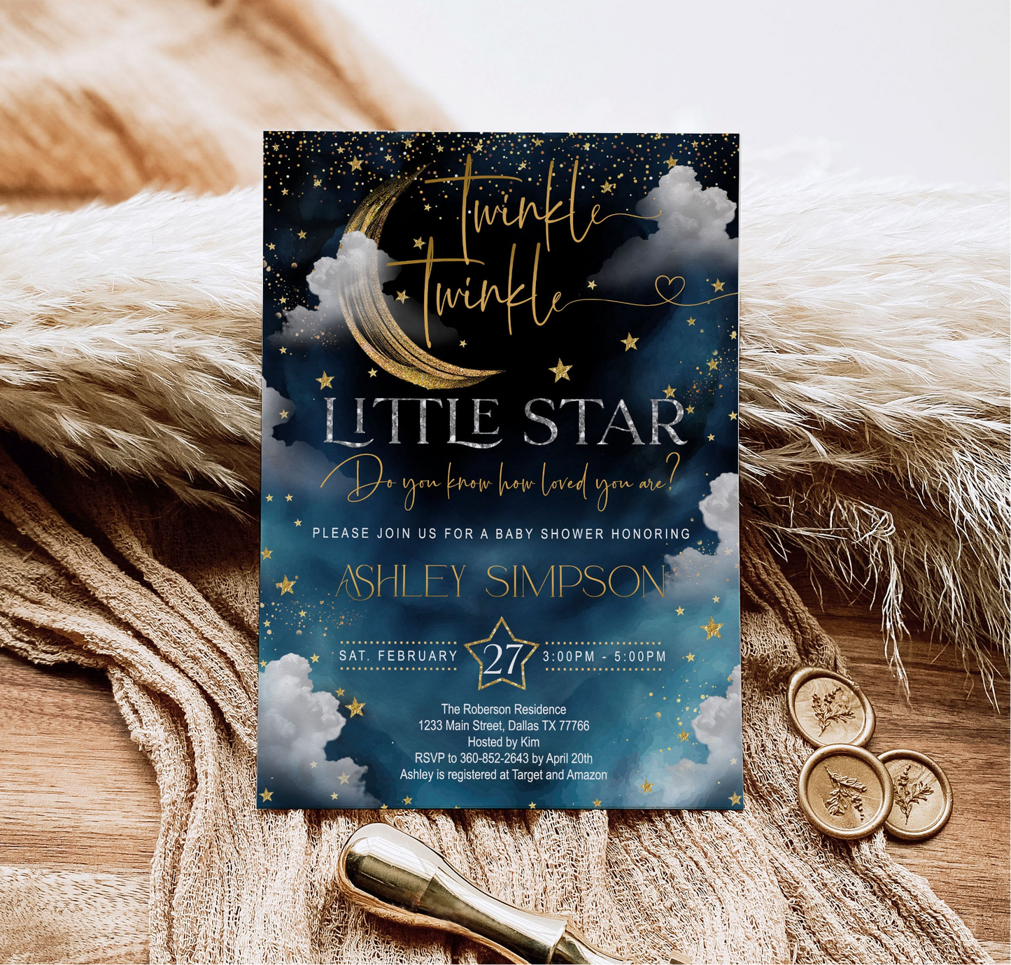 Twinkle Little Star Baby Shower Invitation Editable Template | Neutral Sky & Stars Galaxy Theme | Printable Instant Download