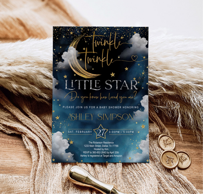 Twinkle Little Star Baby Shower Invitation Editable Template | Neutral Sky & Stars Galaxy Theme | Printable Instant Download