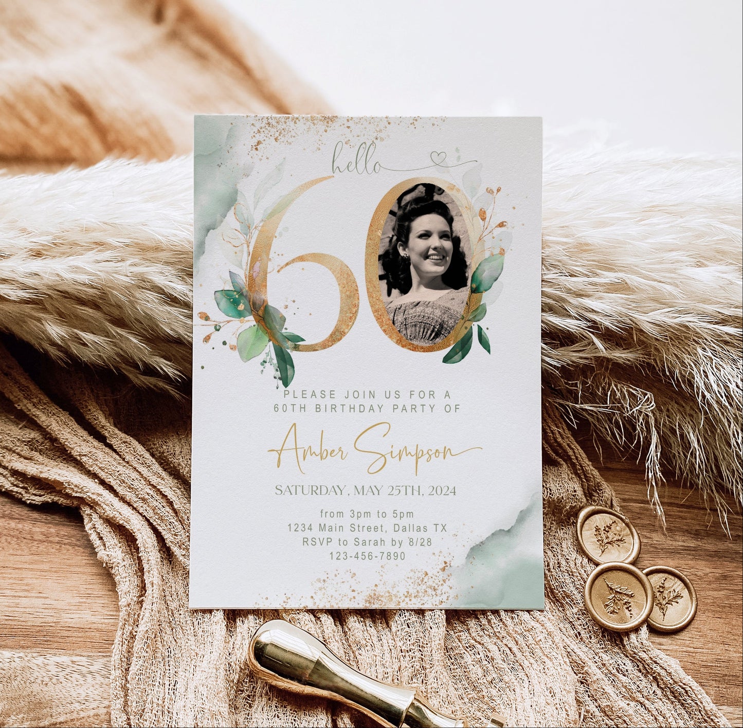 60th Birthday Invitation with Photo | Sage Green Marble Gold Floral Invite | Elegant Dinner Party Template | Editable Printable Instant Download