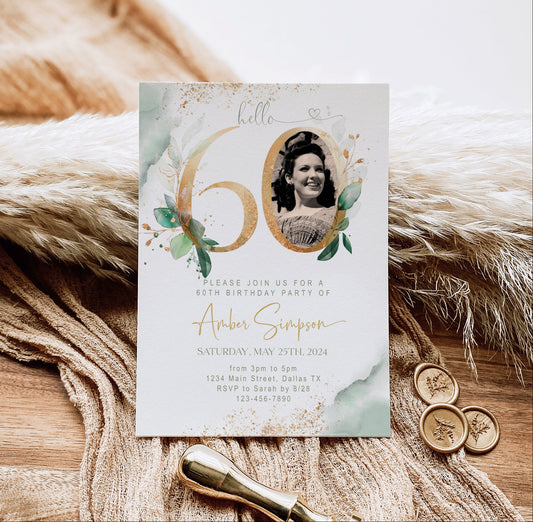 60th Birthday Invitation with Photo | Sage Green Marble Gold Floral Invite | Elegant Dinner Party Template | Editable Printable Instant Download