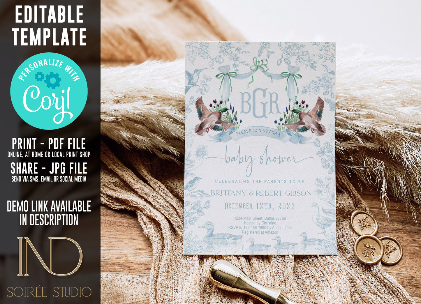 Mallard Duck Baby Shower Invitation Set | Light Blue Toile Woodland Gender Neutral Duckling Printable Template