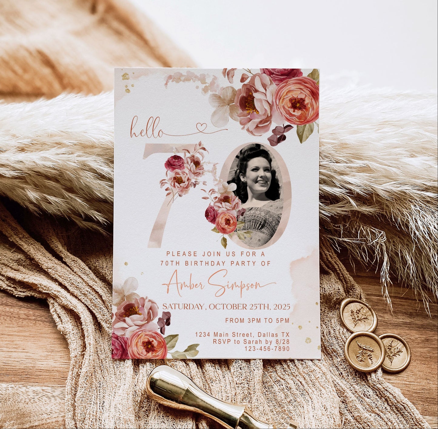 70th Birthday Invitation Women Photo Template | Fall Autumn Burgundy Burnt Orange Floral Invite | Editable Printable Dinner Party Invite