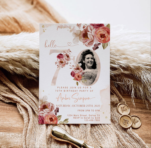 70th Birthday Invitation Women Photo Template | Fall Autumn Burgundy Burnt Orange Floral Invite | Editable Printable Dinner Party Invite