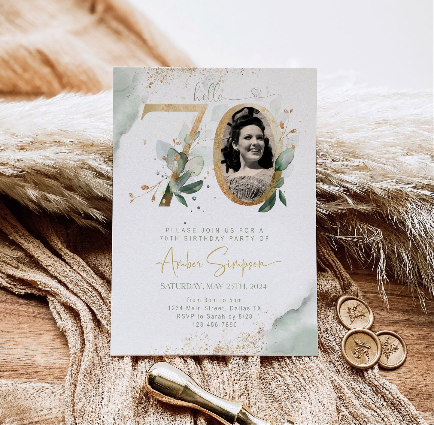70th Birthday Invitation with Photo | Sage Green Marble Gold Floral Invite | Elegant Dinner Party Template | Editable Printable Instant Download