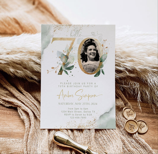 70th Birthday Invitation with Photo | Sage Green Marble Gold Floral Invite | Elegant Dinner Party Template | Editable Printable Instant Download
