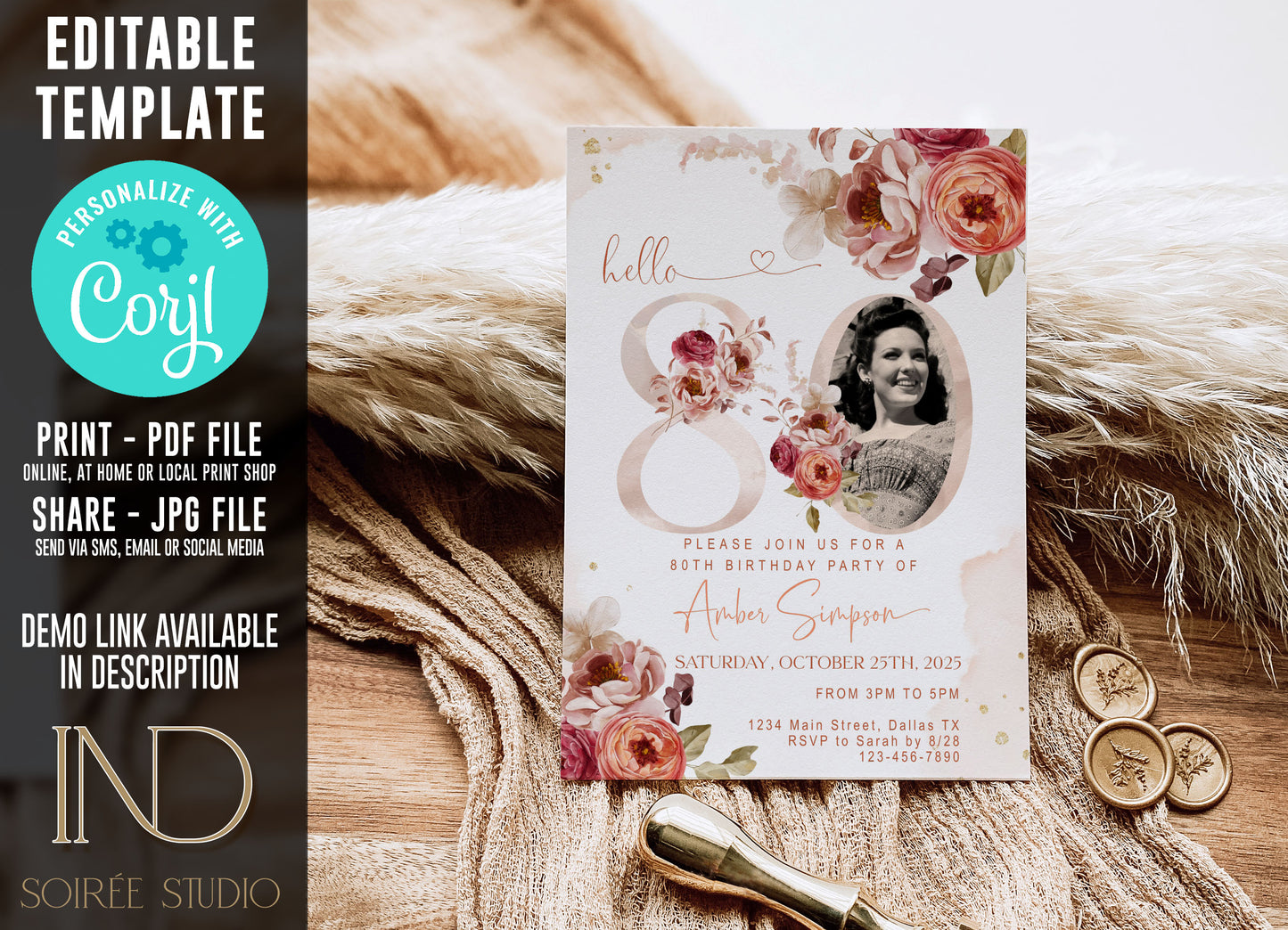 80th Birthday Invitation Women Photo Template | Fall Autumn Burgundy Burnt Orange Floral Invite | Editable Printable Dinner Party Invite
