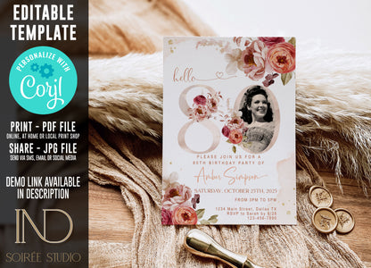 80th Birthday Invitation Women Photo Template | Fall Autumn Burgundy Burnt Orange Floral Invite | Editable Printable Dinner Party Invite