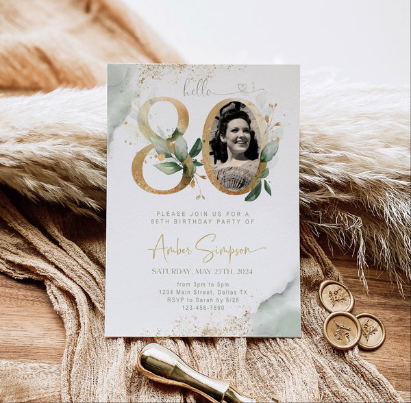 80th Birthday Invitation with Photo | Sage Green Marble Gold Floral Invite | Elegant Dinner Party Template | Editable Printable Instant Download