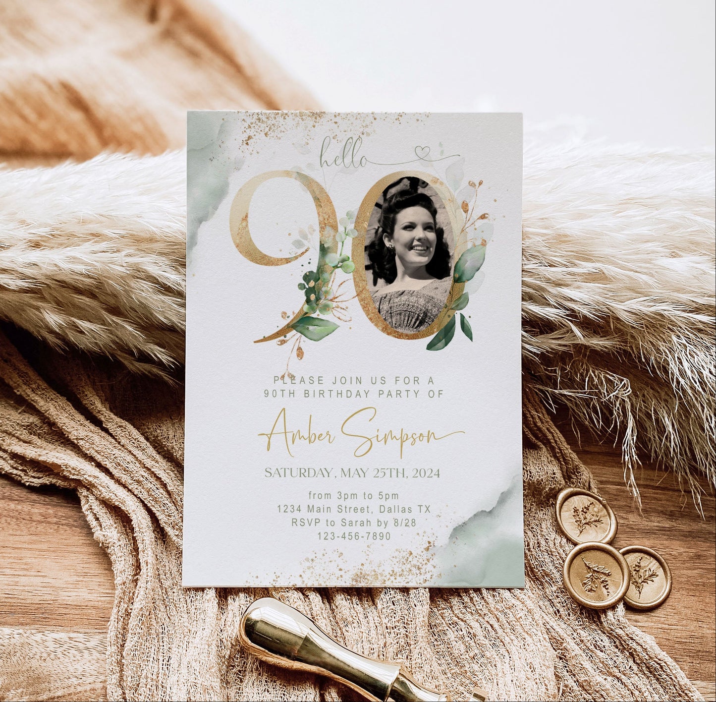 90th Birthday Invitation with Photo | Sage Green Marble Gold Floral Invite | Elegant Dinner Party Template | Editable Printable Instant Download