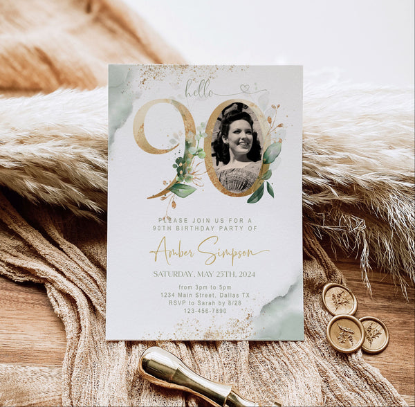 90th Birthday Invitation with Photo | Sage Green Marble Gold Floral Invite | Elegant Dinner Party Template | Editable Printable Instant Download