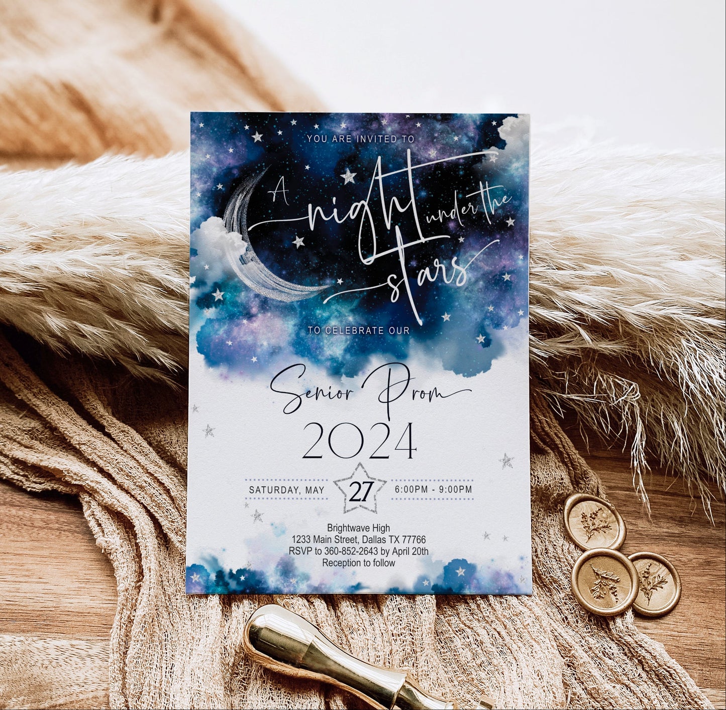 A Night Under the Stars Graduation Invitation Template, Celestial Galaxy Starry Night Rustic Blue Design, Editable Digital Download (Copy)