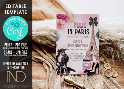 Paris Birthday Invitation | Eiffel Tower Floral “Girl in Paris” Theme | Editable Corjl Template | Printable Digital Download