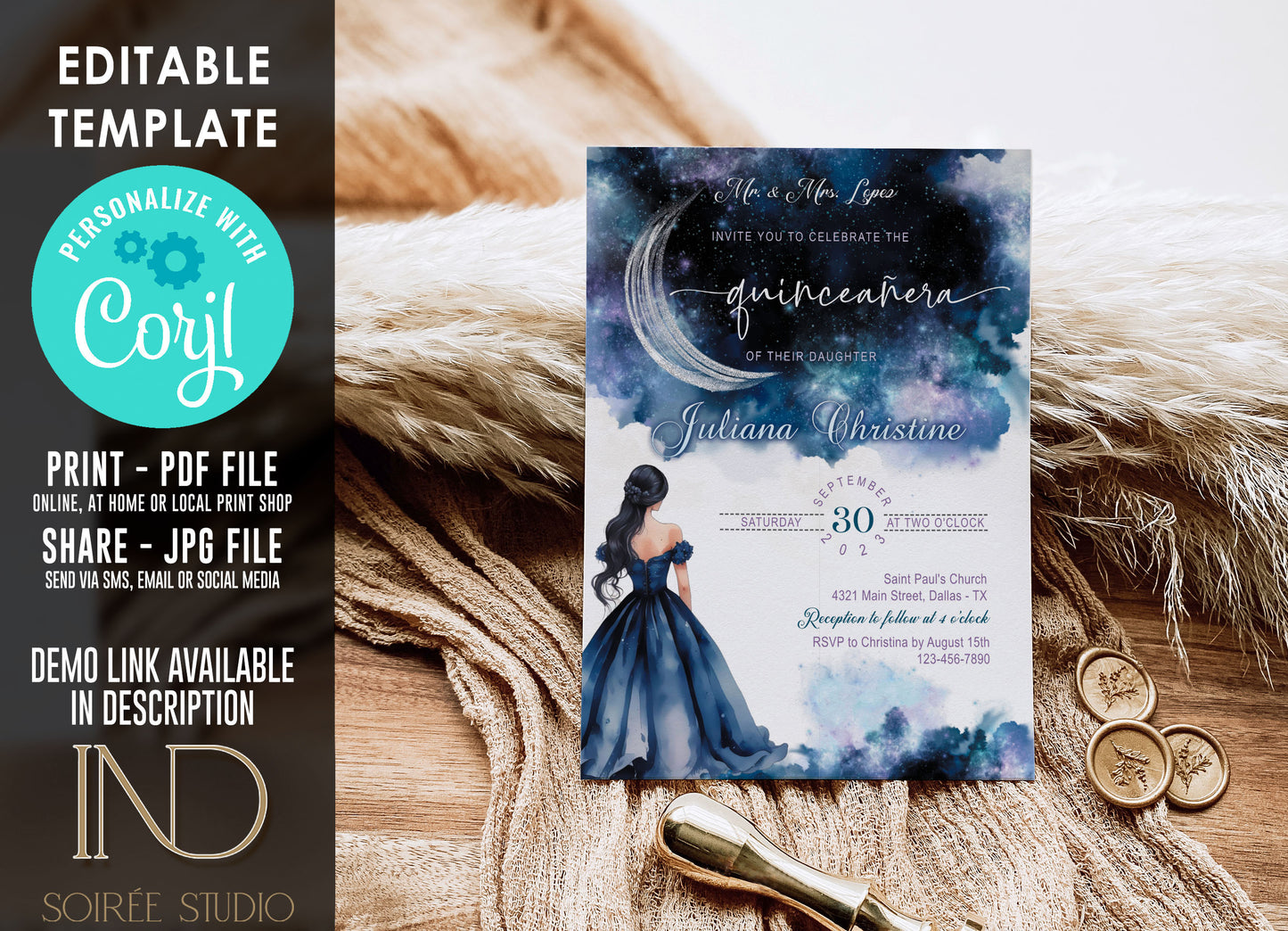Starry Night Quinceañera Invitation | Navy Silver Celestial Galaxy Theme | Miss Quince 15th Birthday | Editable Corjl Template | Printable Digital Download