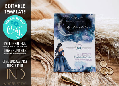 Starry Night Quinceañera Invitation | Navy Silver Celestial Galaxy Theme | Miss Quince 15th Birthday | Editable Corjl Template | Printable Digital Download