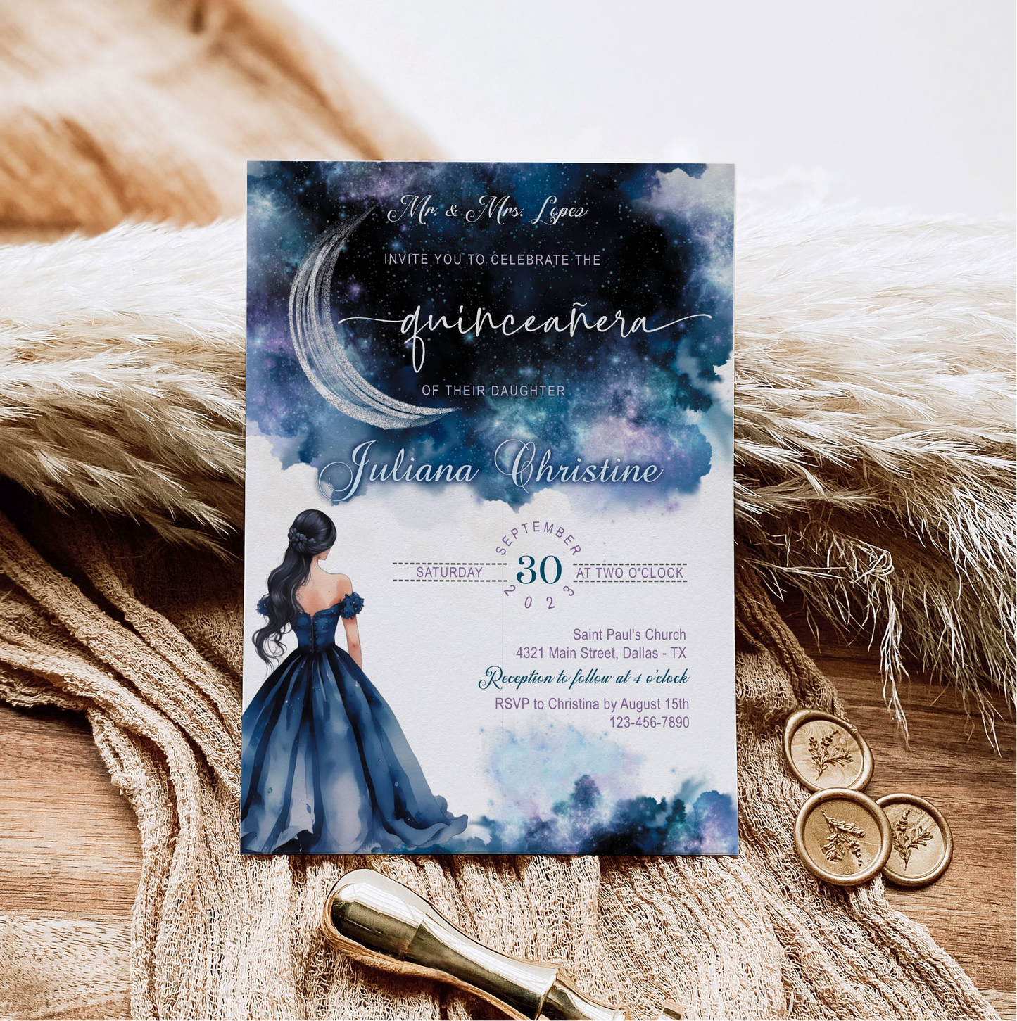 Starry Night Quinceañera Invitation | Navy Silver Celestial Galaxy Theme | Miss Quince 15th Birthday | Editable Corjl Template | Printable Digital Download