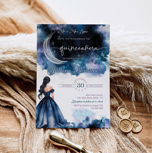 Starry Night Quinceañera Invitation | Navy Silver Celestial Galaxy Theme | Miss Quince 15th Birthday | Editable Corjl Template | Printable Digital Download