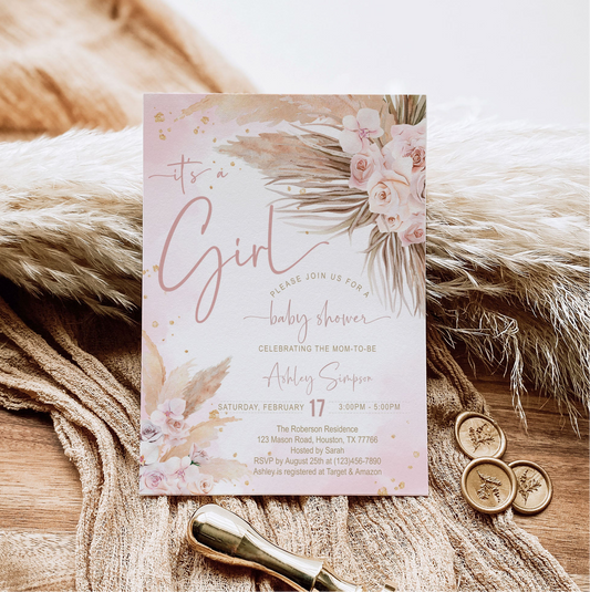 It’s a Girl Baby Shower Invitation | Boho Pampas Grass & Orchids Blush Watercolor Floral Theme | Editable Corjl Template | Printable Digital Download