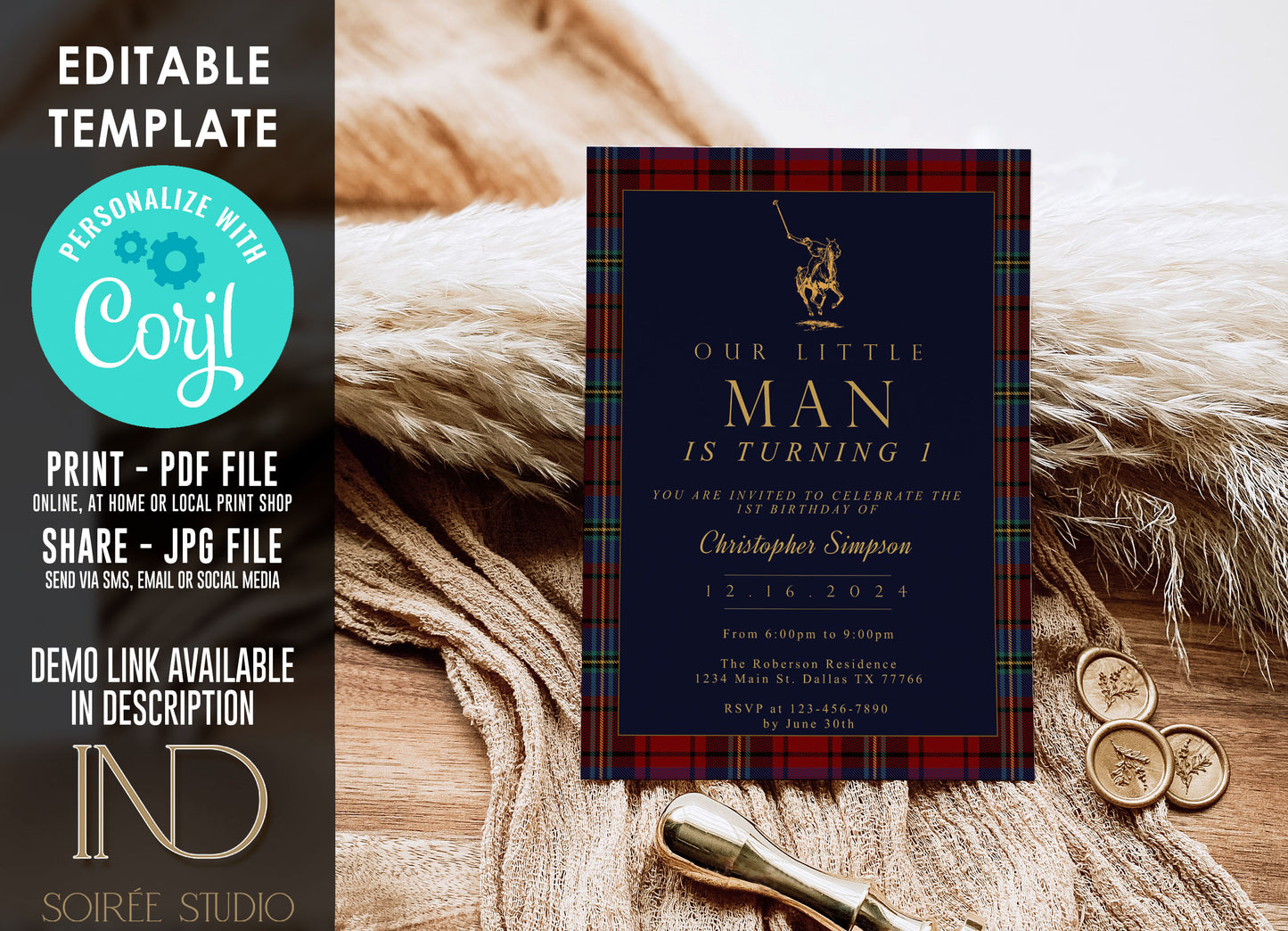 Classic Plaid Tartan Birthday Invitation | Polo Equestrian Winter Theme | Editable Corjl Template | Printable Digital Download