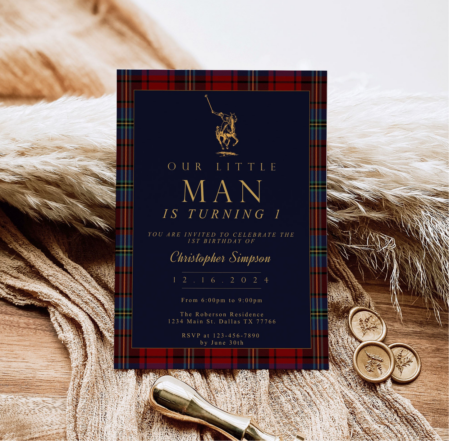 Classic Plaid Tartan Birthday Invitation | Polo Equestrian Winter Theme | Editable Corjl Template | Printable Digital Download