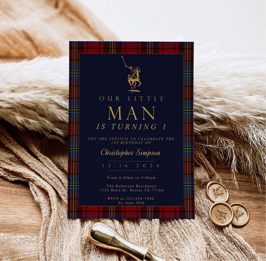 Classic Plaid Tartan Birthday Invitation | Polo Equestrian Winter Theme | Editable Corjl Template | Printable Digital Download