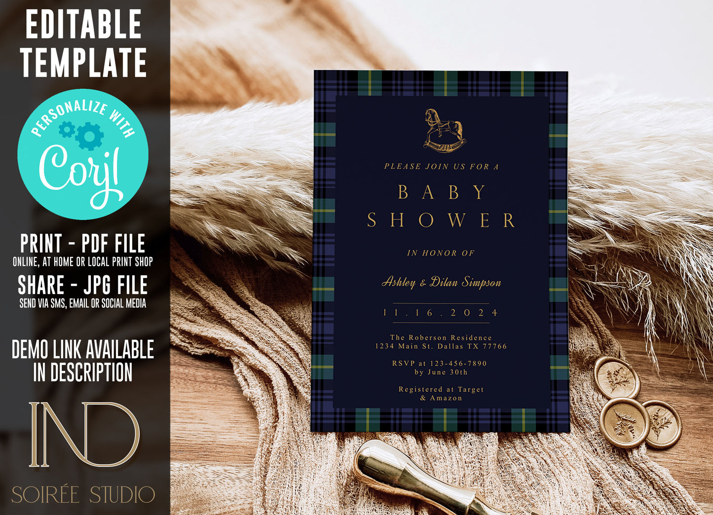 Tartan Plaid Baby Shower Invitation & Bundle | Equestrian Rocking Horse | Navy Green Preppy Winter Baby Sprinkle | Full Set Digital Download