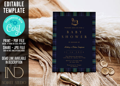 Tartan Plaid Baby Shower Invitation & Bundle | Equestrian Rocking Horse | Navy Green Preppy Winter Baby Sprinkle | Full Set Digital Download