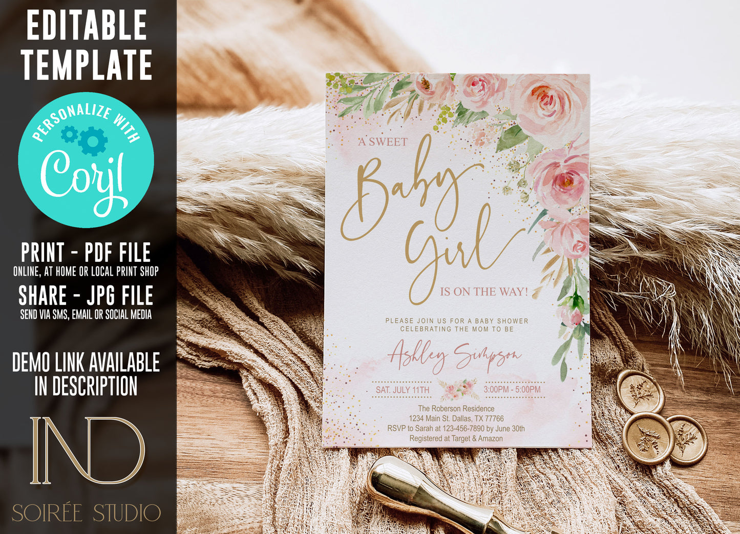Blush Pink Baby Shower Invitation Girl | Pink Floral Sweet Baby Girl | Gold Pink Watercolor | Printable Digital Template | Instant Download