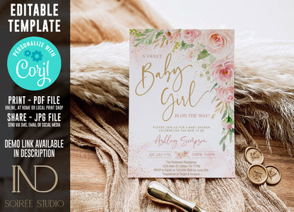 Blush Pink Baby Shower Invitation Girl | Pink Floral Sweet Baby Girl | Gold Pink Watercolor | Printable Digital Template | Instant Download